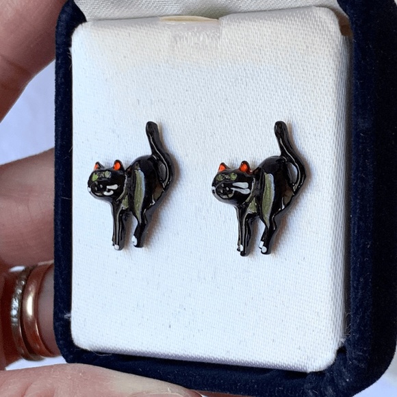 Black Cat Miniature Stud Earrings, Vintage - (1980's) - Picture 6 of 8